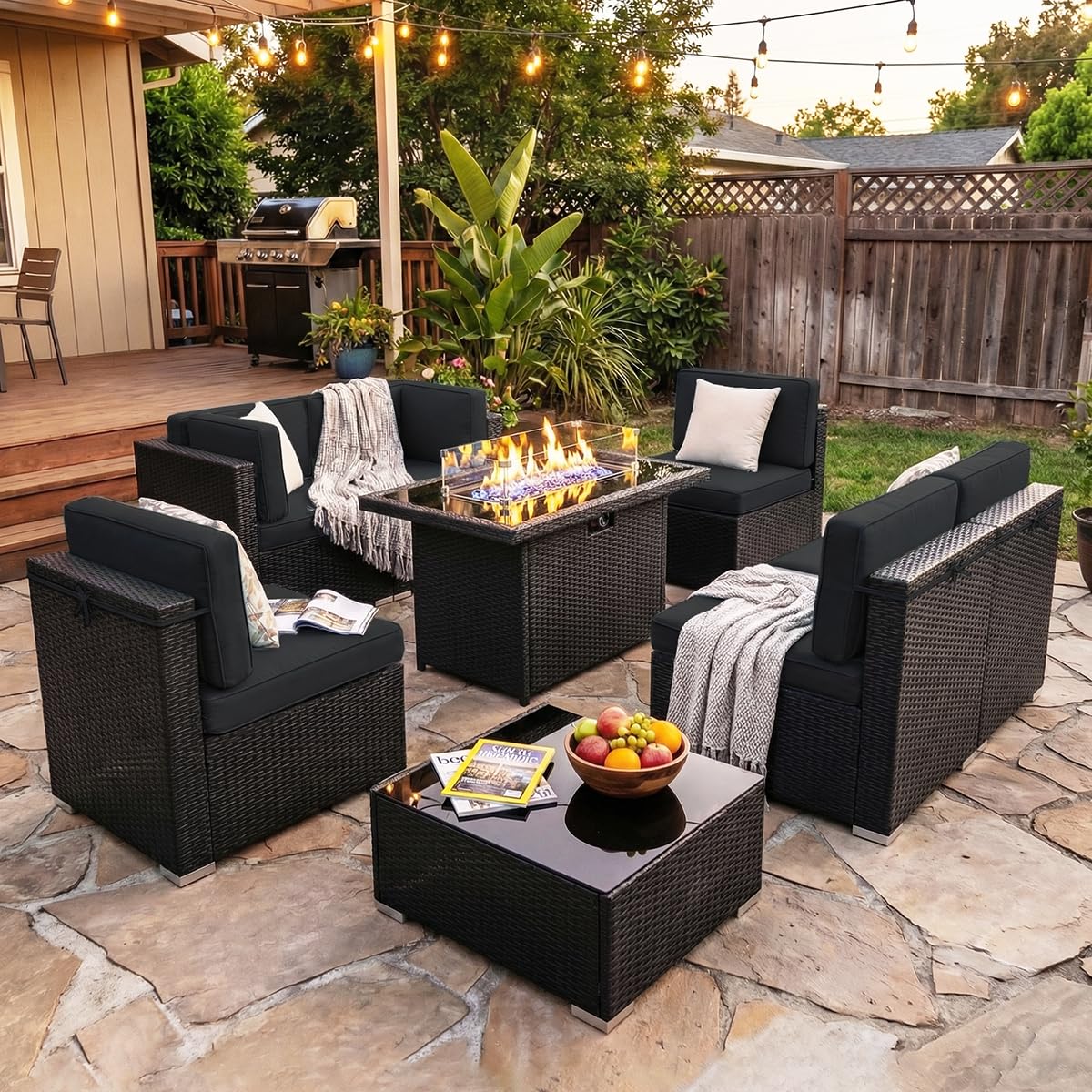 Outdoor Furniture Fire Pit - 8 Pieces Patio Furniture Set with