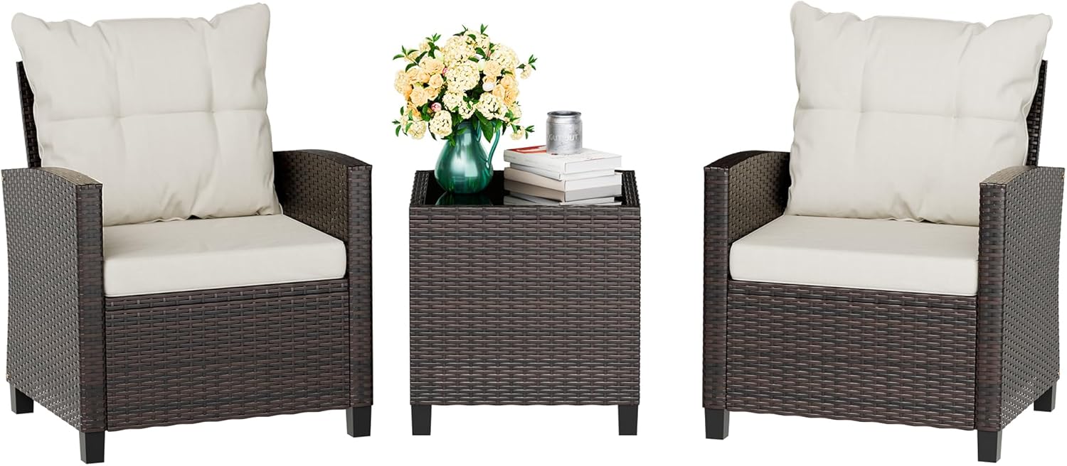 Outdoor Furniture Sofa - Beige compact 3-piece rattan wicker front