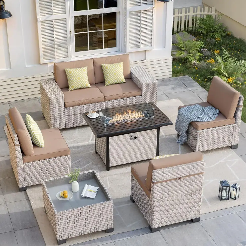 Outdoor Furniture Fire Pit - 7-Piece Outdoor Patio Furniture Set with