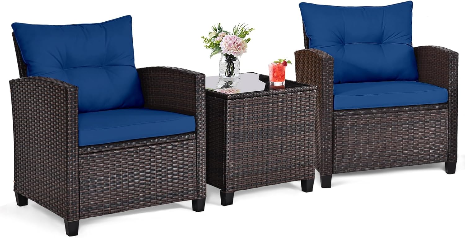 Outdoor Furniture Sofa - Navy blue rattan wicker 3-piece outdoor