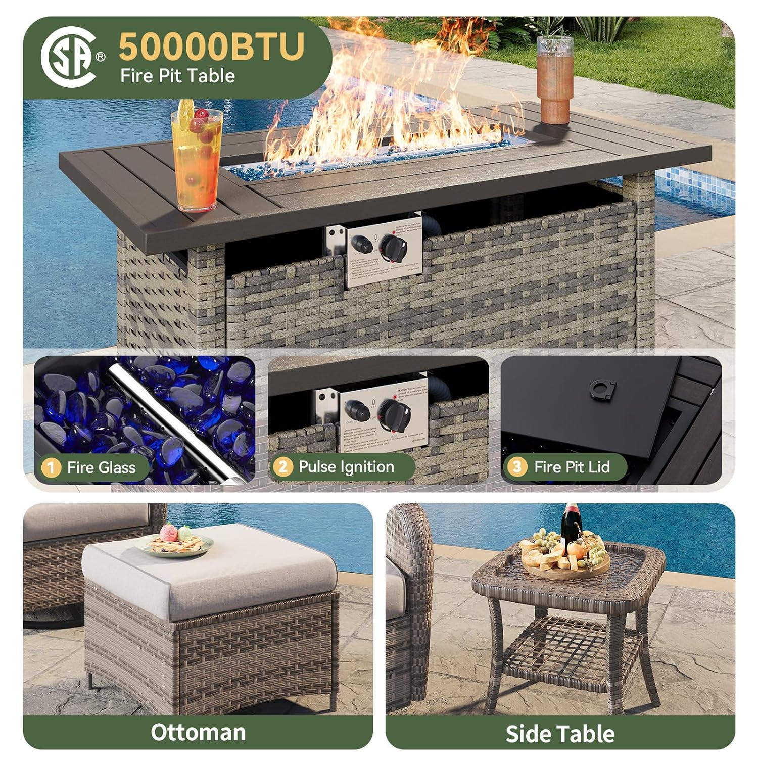 7-Piece Wicker Patio Set with  - огляд і ціна Outdoor Furniture Fire Pit